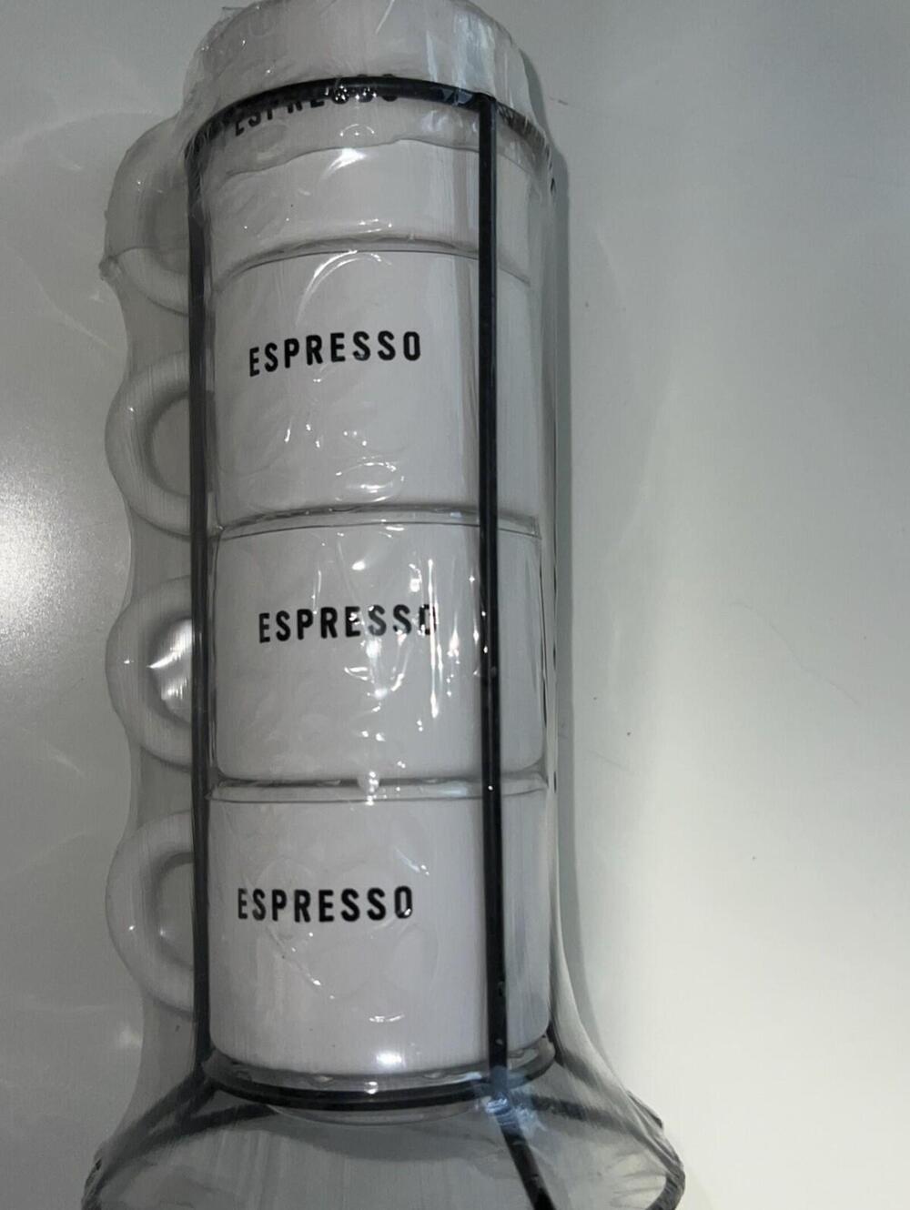 4 Espresso Coffee Cups Stackable with Metal Stand/ White/ Black , New